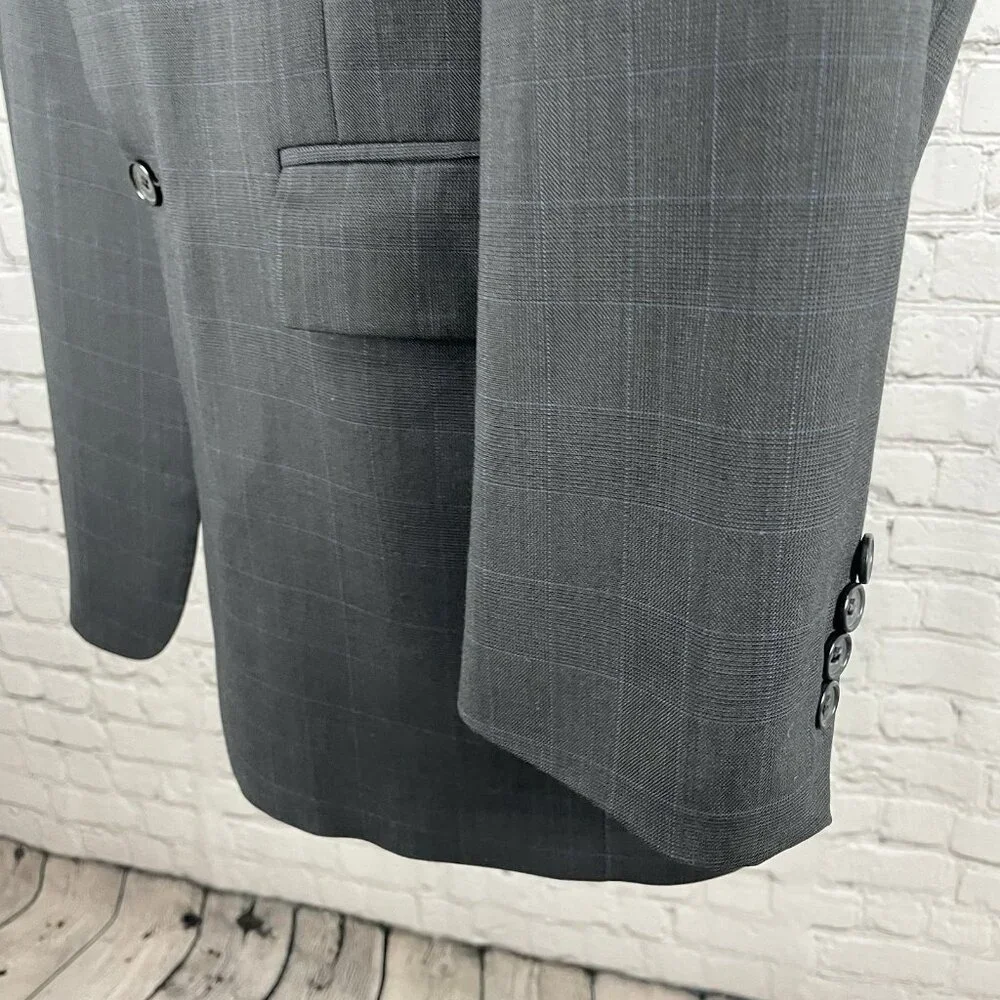 Austin Reed Grey Blue Check 2 Button Vented Blazer Sport Coat USA Made Size 44L